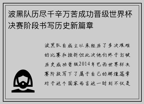 波黑队历尽千辛万苦成功晋级世界杯决赛阶段书写历史新篇章